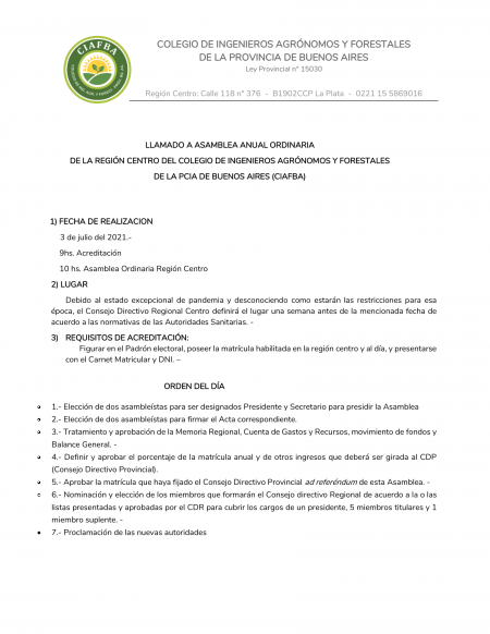 Llamado a Asamblea CIAFBA Región Centro
